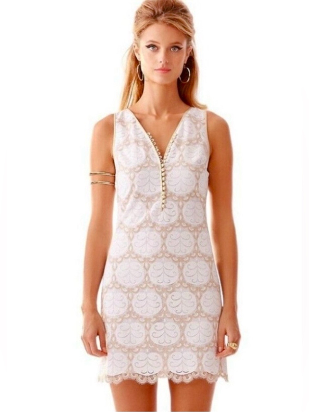 NEW Lilly Pulitzer Nadine Resort white gold lace shift button dress v-neck 2